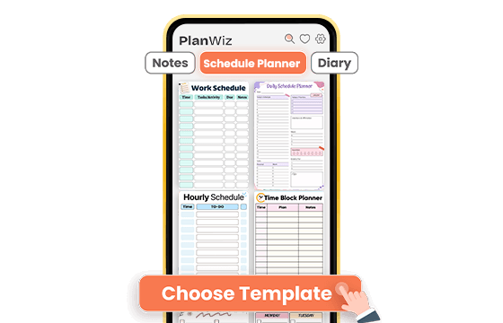 PlanWiz app screen showing schedule planner templates with Choose Template button