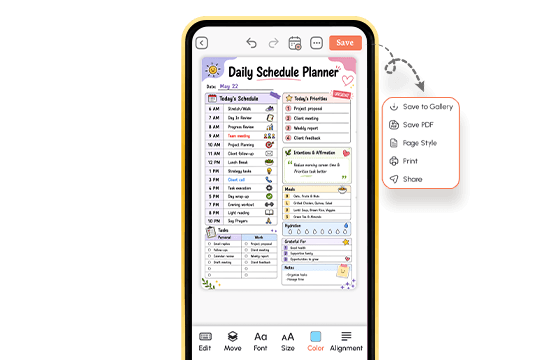 Completed daily schedule planner on mobile with priorities, meals, and save options