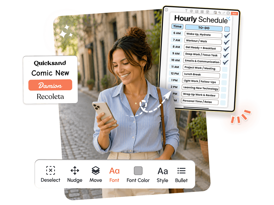 Woman customizing hourly schedule template with font and style tools on mobile