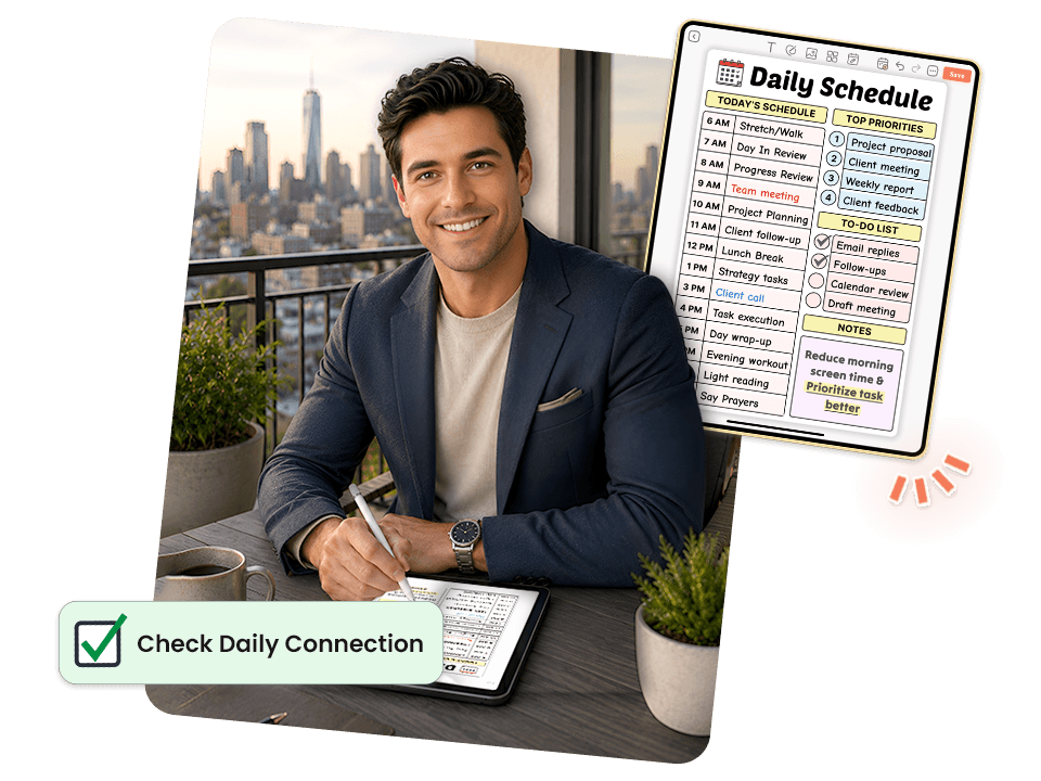 Man using daily schedule with today's priorities, to-do list, and notes on tablet