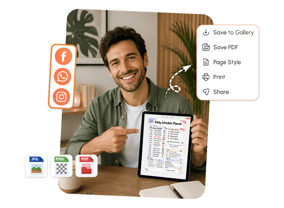 Man holding tablet with daily schedule planner, showing save and share options in JPG, PNG, PDF