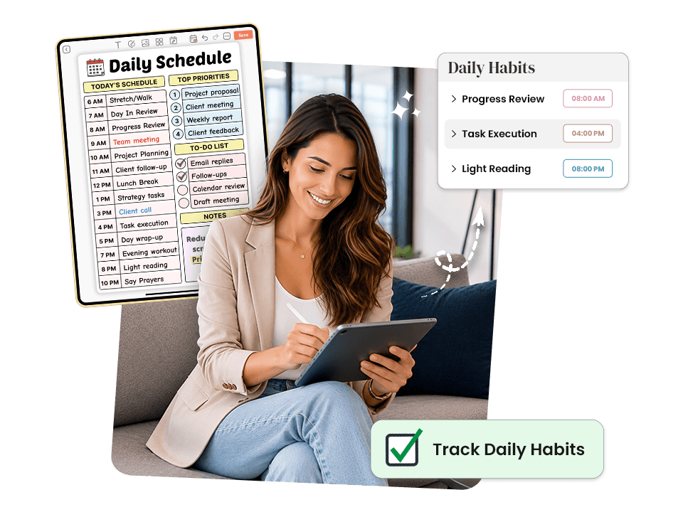 Woman tracking daily habits on tablet with scheduled habit times panel visible
