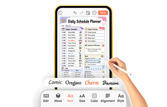 Daily schedule planner being edited with stylus, font options shown below