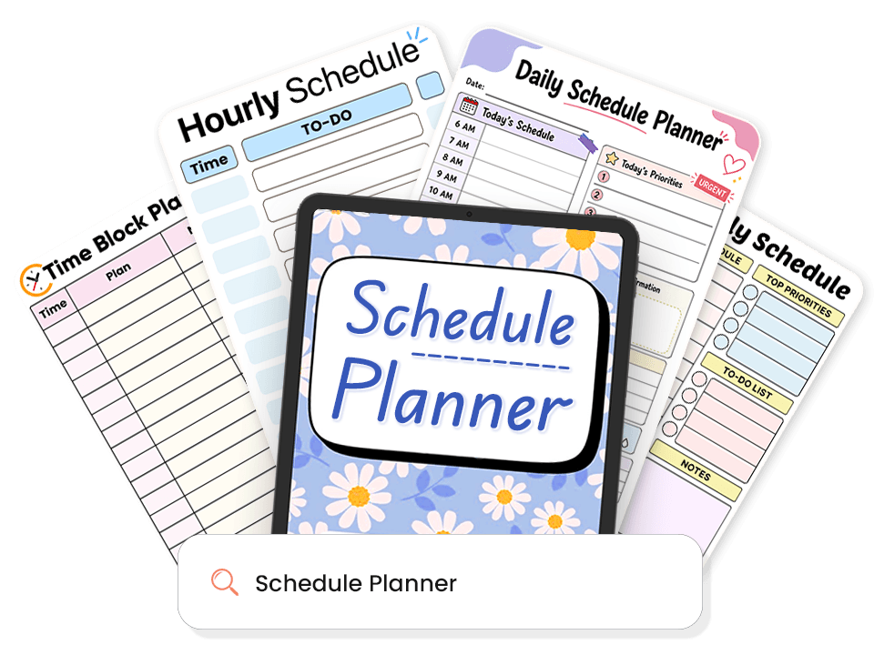Schedule planner template library showing hourly, daily, and time block layouts on tablet