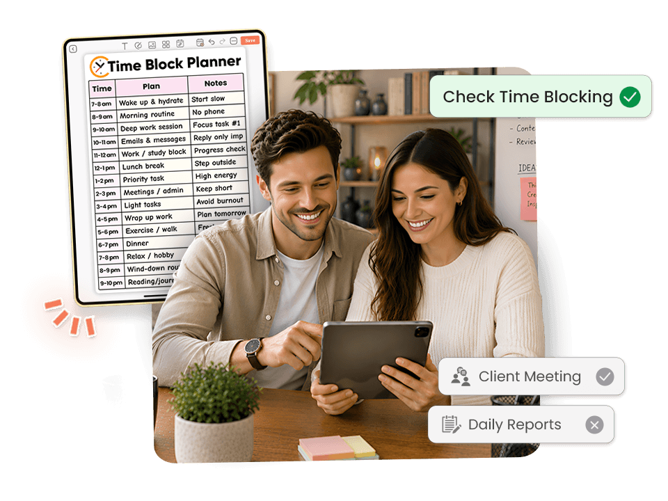 Couple viewing time block planner on tablet with daily task and meeting status
