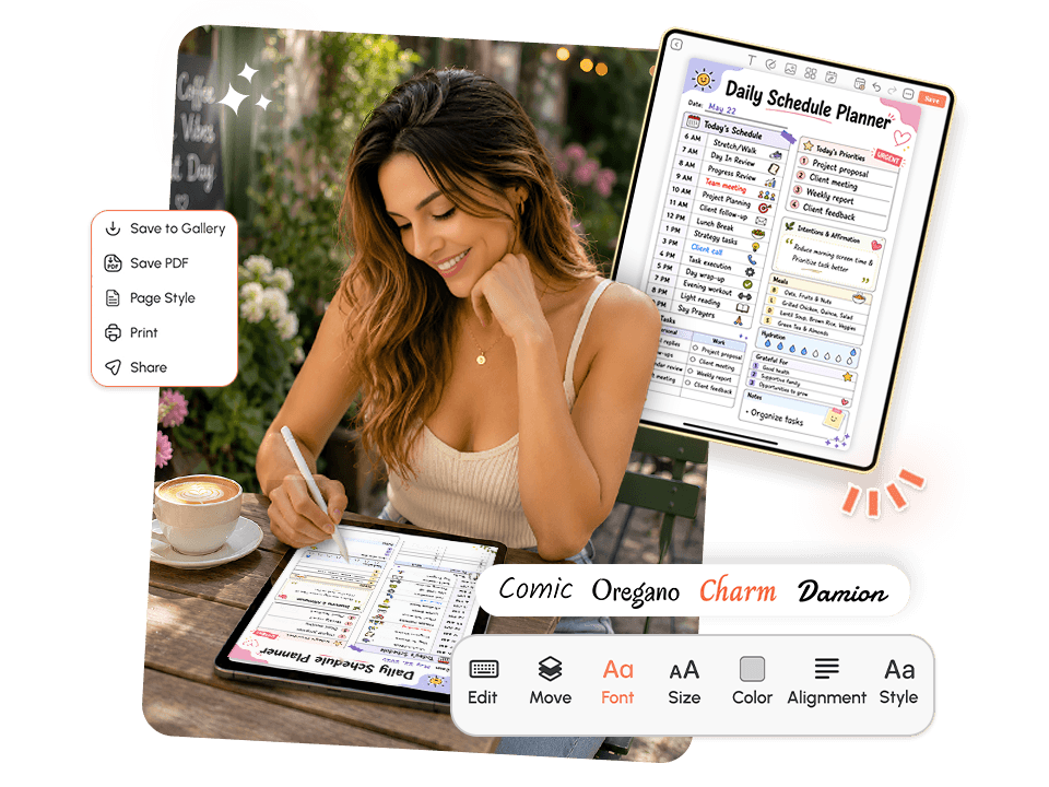 Woman using daily schedule planner on tablet with font and save options visible