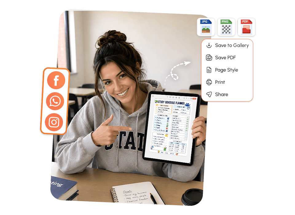 Student sharing completed study schedule planner as JPG, PNG, or PDF via PlanWiz app