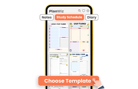 PlanWiz app screen showing study schedule template library with Weekly Planner and Study Planner options