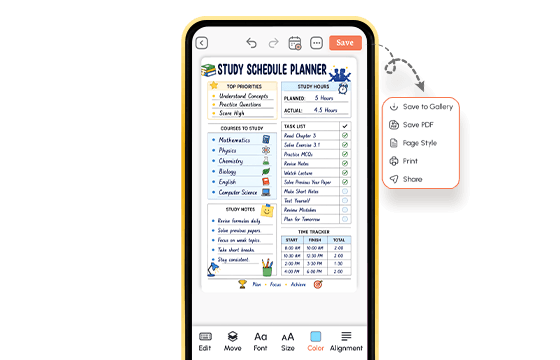 Completed study schedule planner on PlanWiz app with save, print, and share options