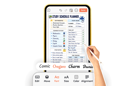 PlanWiz app screen showing customizable study schedule template with font style options