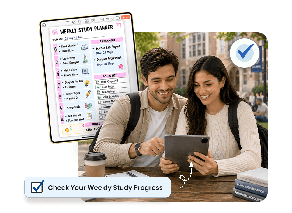 Two students checking weekly study progress on tablet using PlanWiz planner app