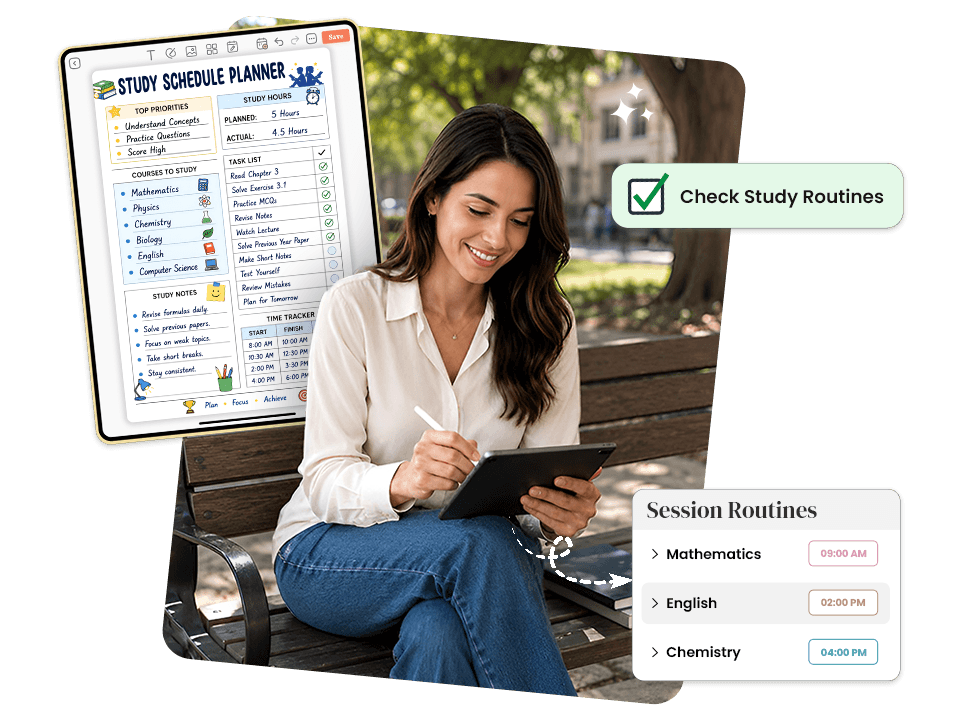 Woman using study schedule planner with session routines for Mathematics, English, and Chemistry