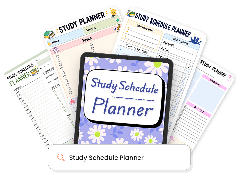 Collection of study schedule planner templates displayed on tablet and as printed sheets