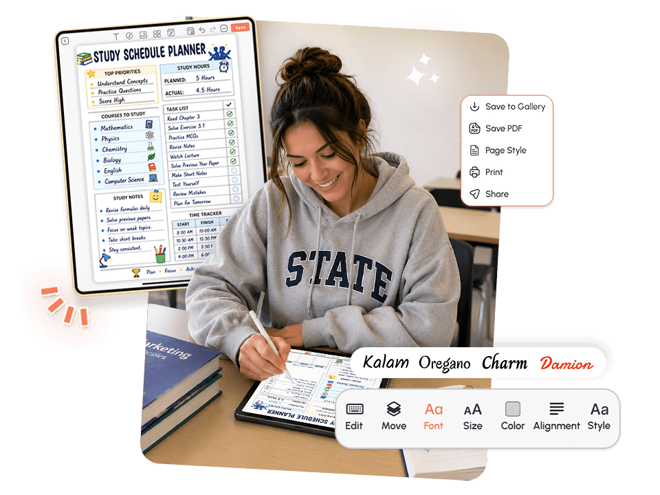 Student customizing a study schedule planner on tablet with font and editing tools in PlanWiz app