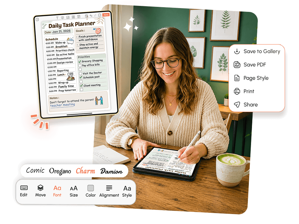 women using tablet with task planner showing priorities, schedule, and font editing options