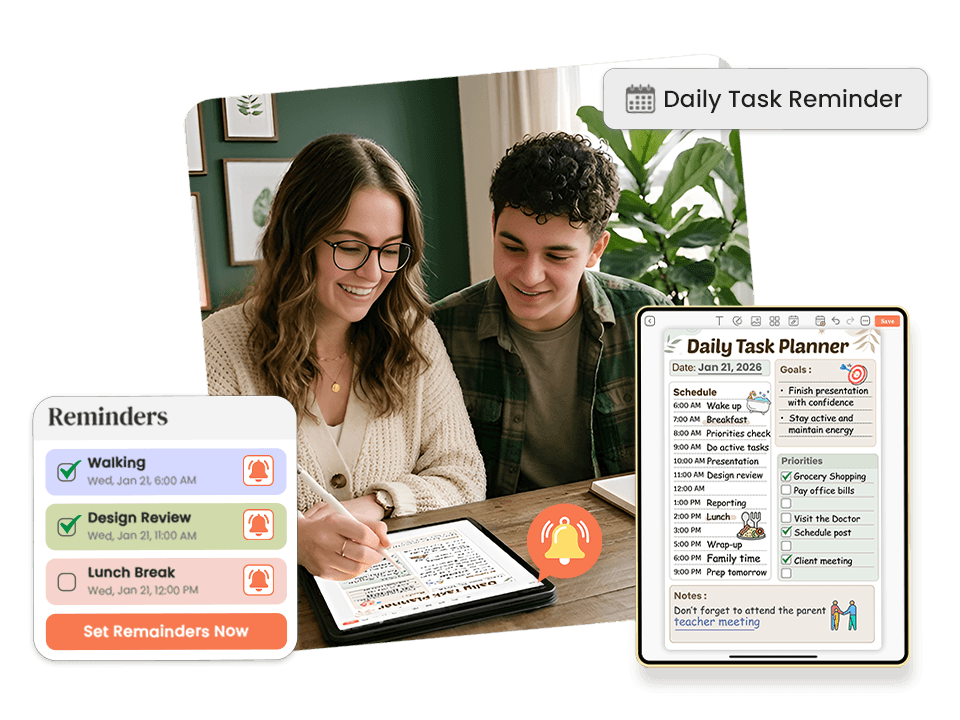 couple using tablet with daily task planner showing reminders for walking, design review, lunch break