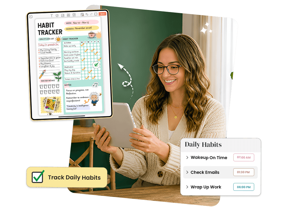 woman using tablet with habit tracker showing gratitude list, water intake, and daily habits schedule