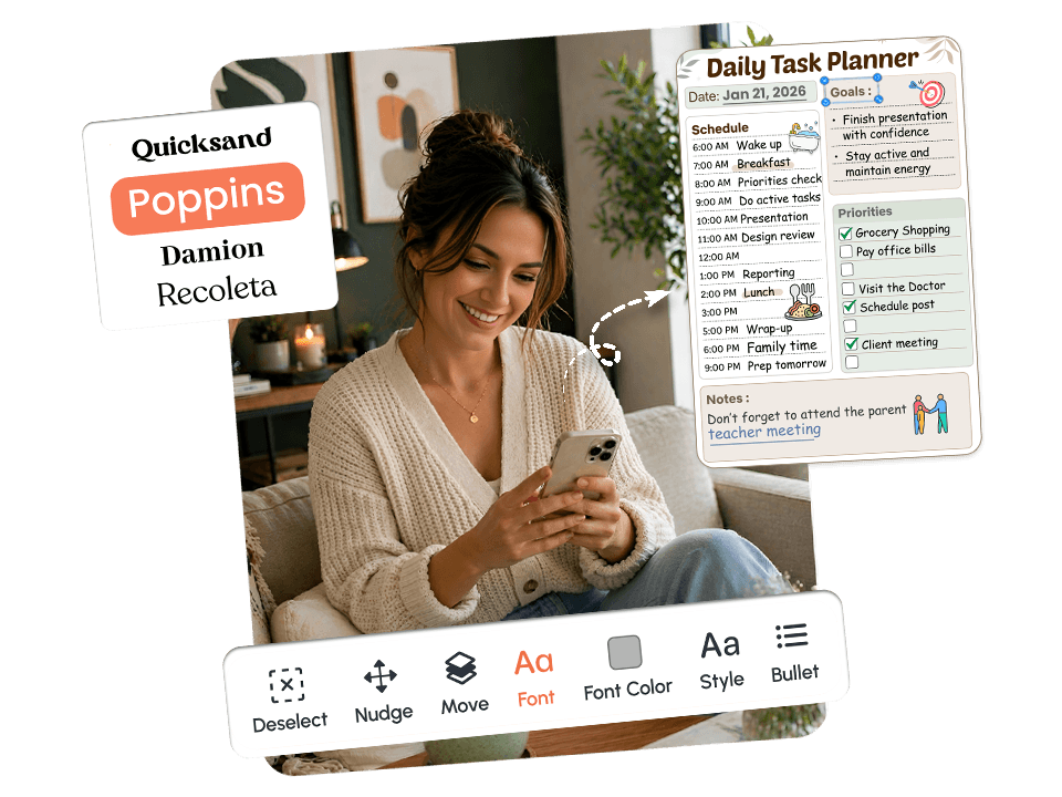 woman on phone with daily task planner showing schedule, priorities, and font style editing tools