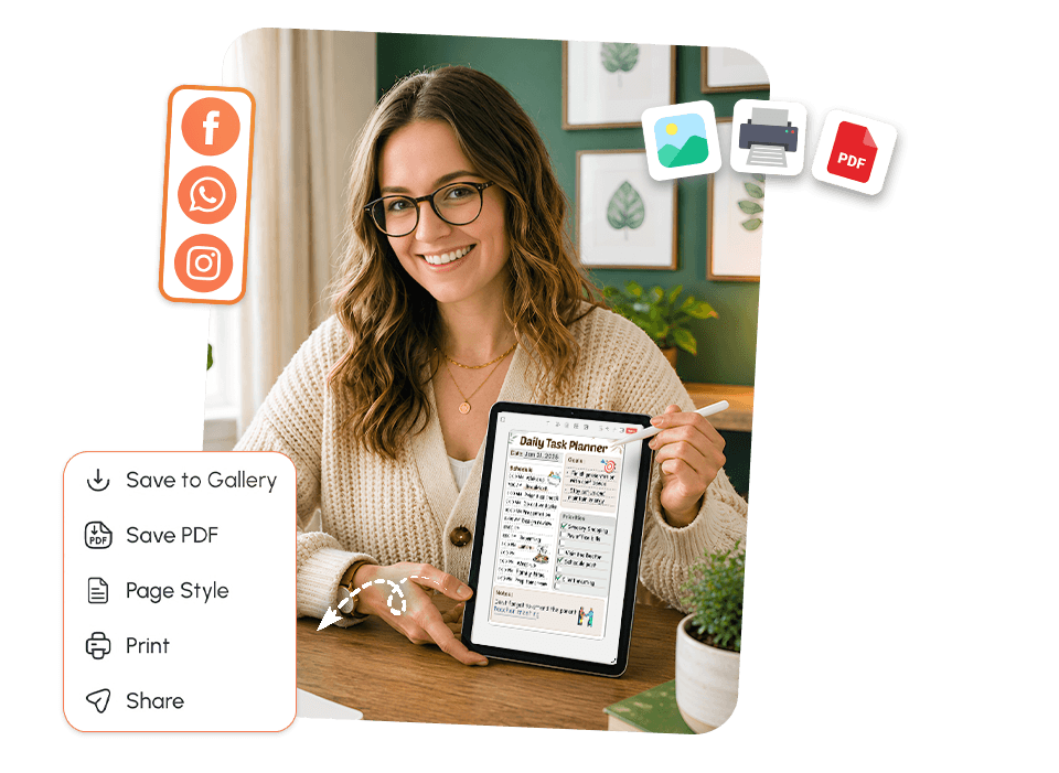 woman holding tablet with daily task planner showing save as PDF, print, and social share options