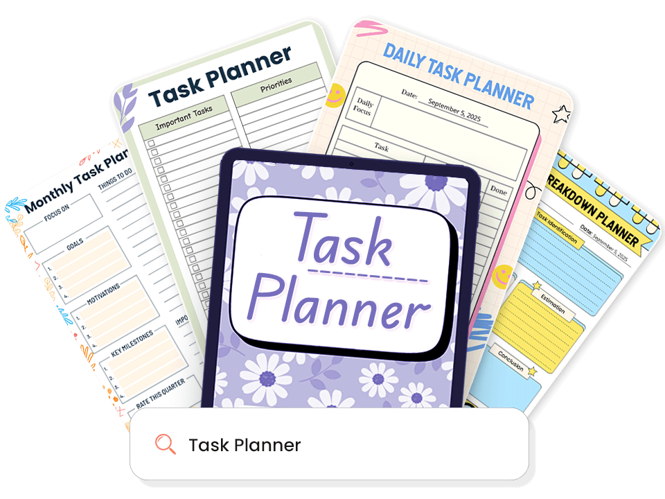 Collection of various task planner templates surrounding a tablet displaying floral-patterned task planner cover
