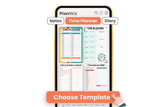 PlanWiz app showing time planner template options with weekly, monthly, and yearly filters