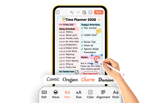 Hand editing time planner with hourly schedule using stylus, showing font and style customization tools