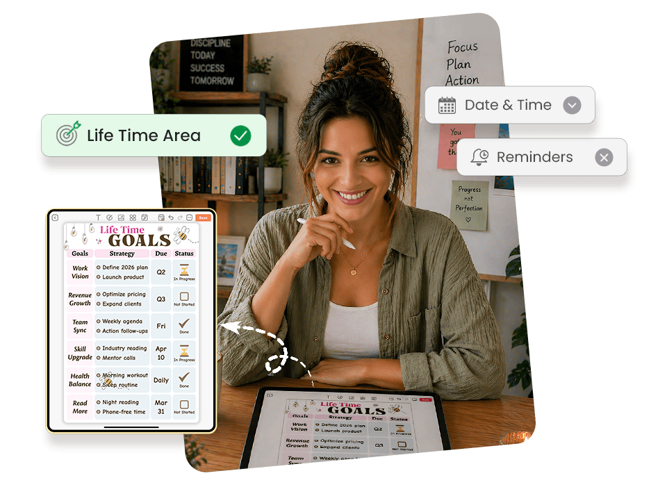 Woman planning life goals on tablet with life areas, reminders, and date time settings