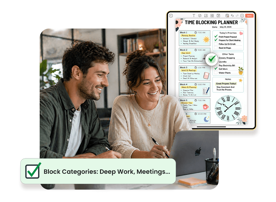Couple planning tasks on laptop with time blocking planner and categorized schedule on screen