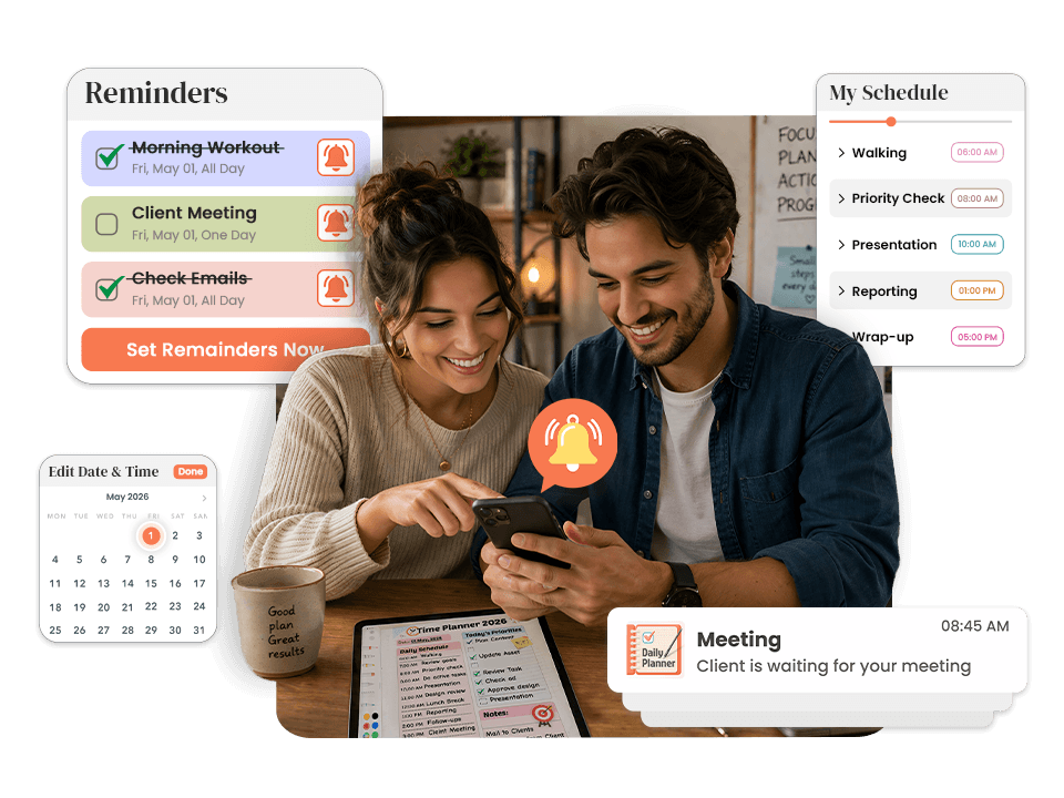 time planner app showing meeting notification, weekly calendar, and timed reminders