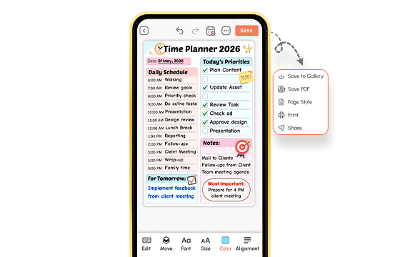 Mobile screen showing a Time Planner app for May 1, 2026, with hourly tasks, goals, priorities checklist, notes, and an open Share/Save popup menu