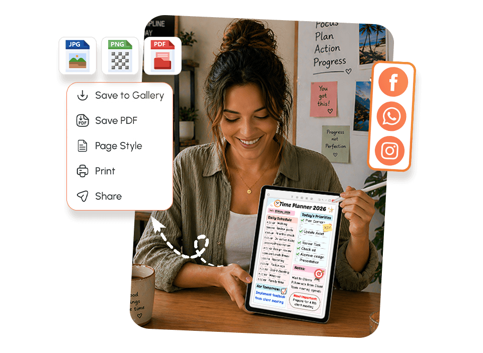 Woman exporting time planner as PDF PNG and sharing from tablet