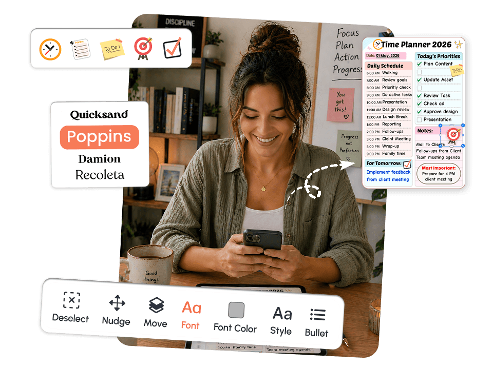 Time planner customization panel showing colors, fonts, and layout options