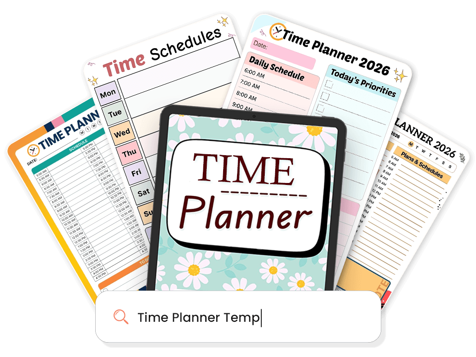 Time planner template library grid showing daily, weekly, and monthly layouts
