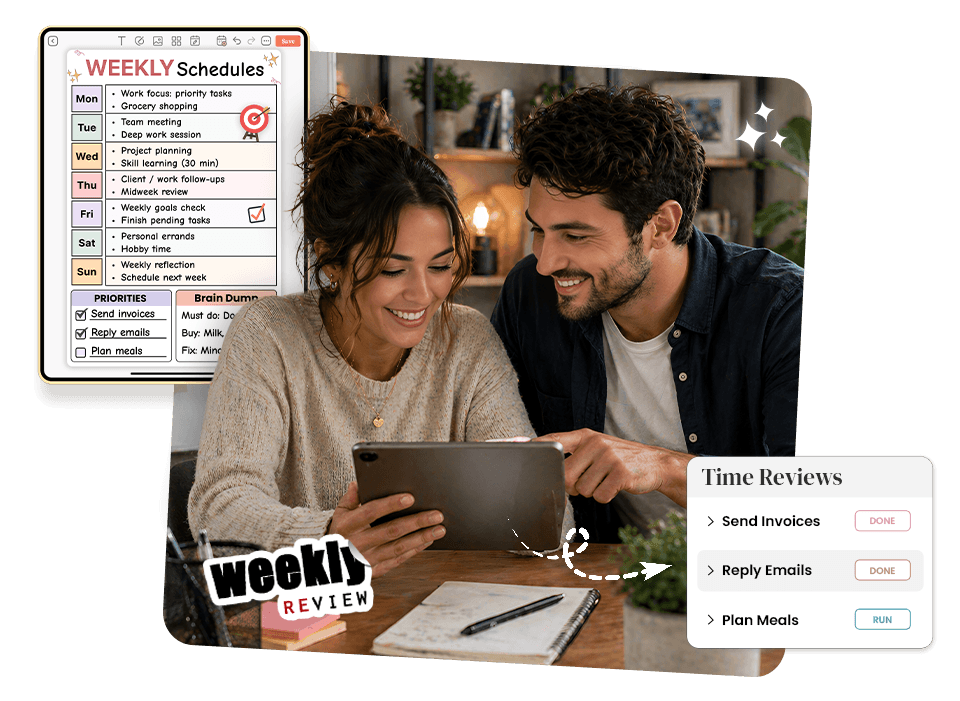Couple reviewing weekly schedule on tablet with checklist and time review tasks