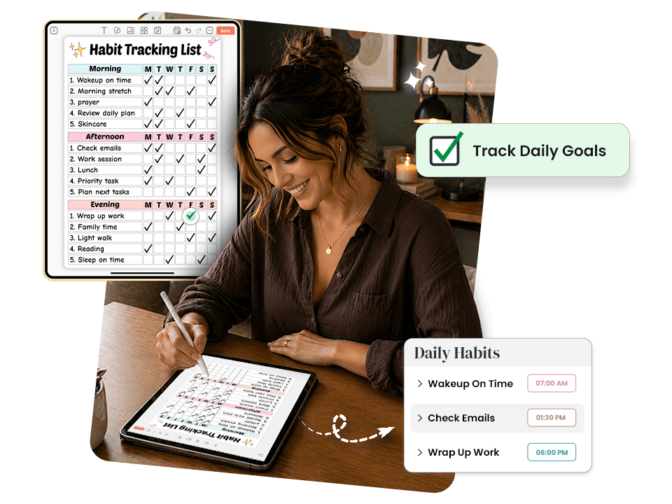 woman using tablet with habit tracking to-do list showing morning, afternoon, evening goals