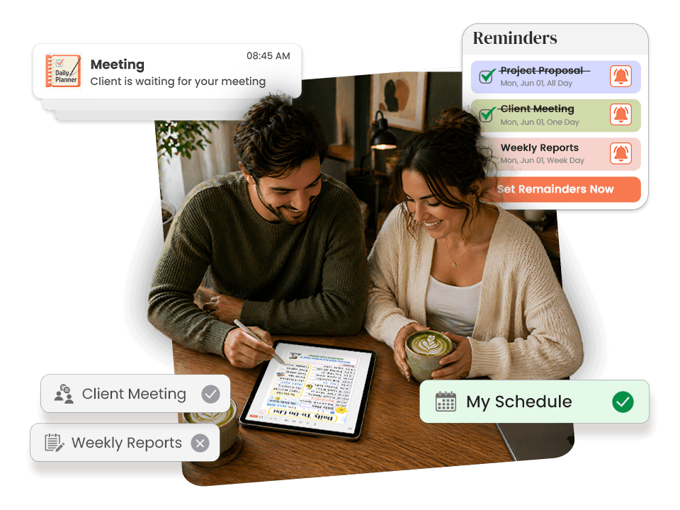 couple using tablet with meeting reminders and schedule notification popups