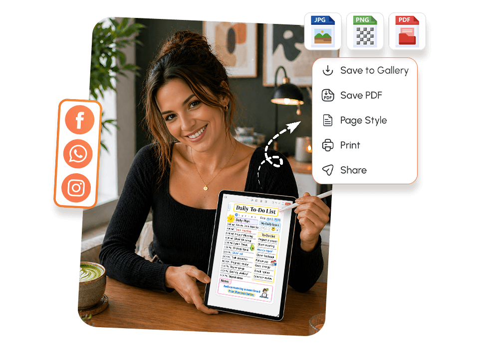 woman holding tablet showing to-do list with save as JPG, PNG, PDF and share options