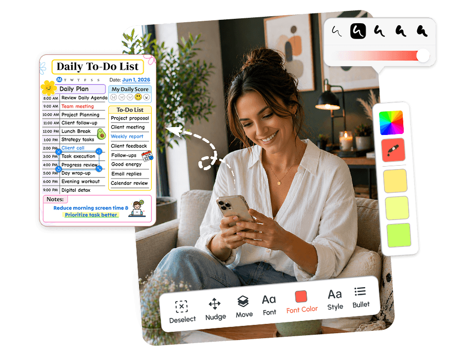 woman on phone with colorful to-do list template showing font, color, and style editing tools