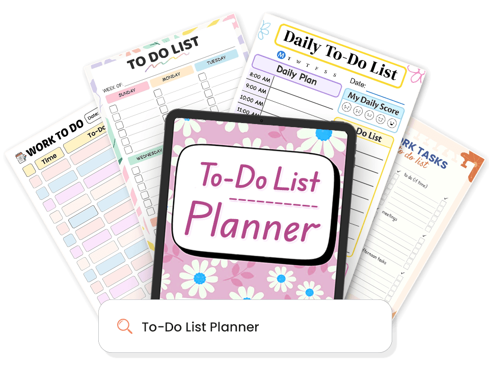 Collection of various to-do list templates surrounding a tablet displaying floral-patterned to-do list cover