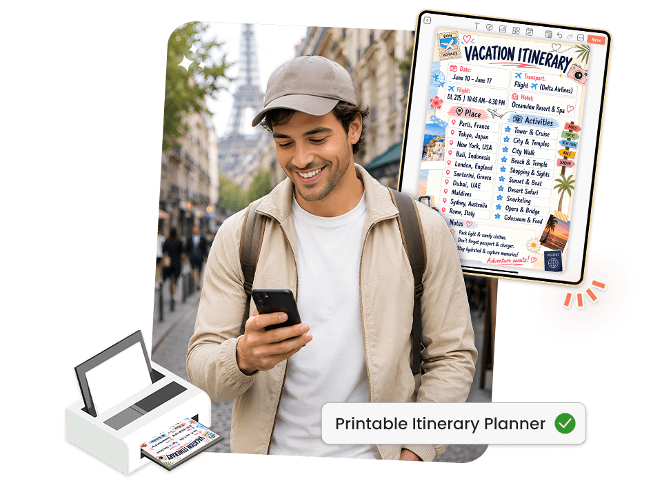 Man viewing printable vacation itinerary on mobile with destination and activities list near Eiffel Tower