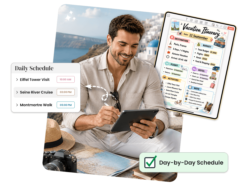 Man planning Paris vacation itinerary on tablet with day-by-day schedule and budget breakdown