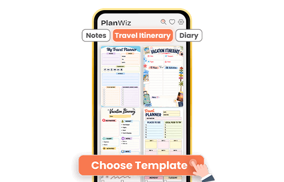 PlanWiz app screen showing travel itinerary templates with Choose Template button