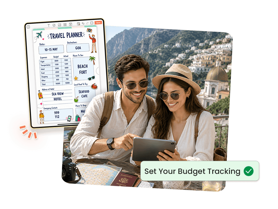 Couple tracking Goa trip budget on tablet with expense breakdown and places to visit