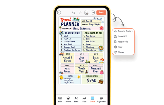 Completed Bali travel planner on mobile with places, food, day schedule, and save options