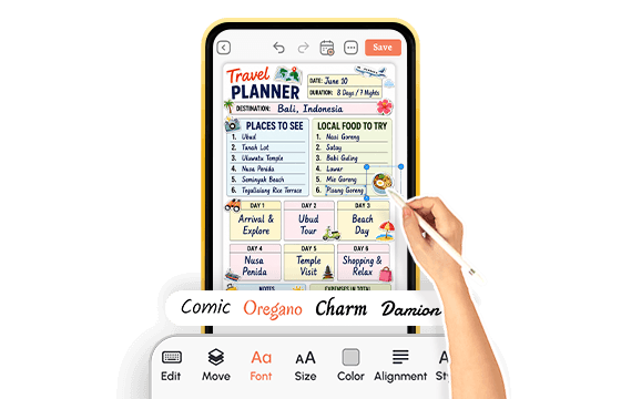 Bali travel planner being edited with stylus, font options shown below
