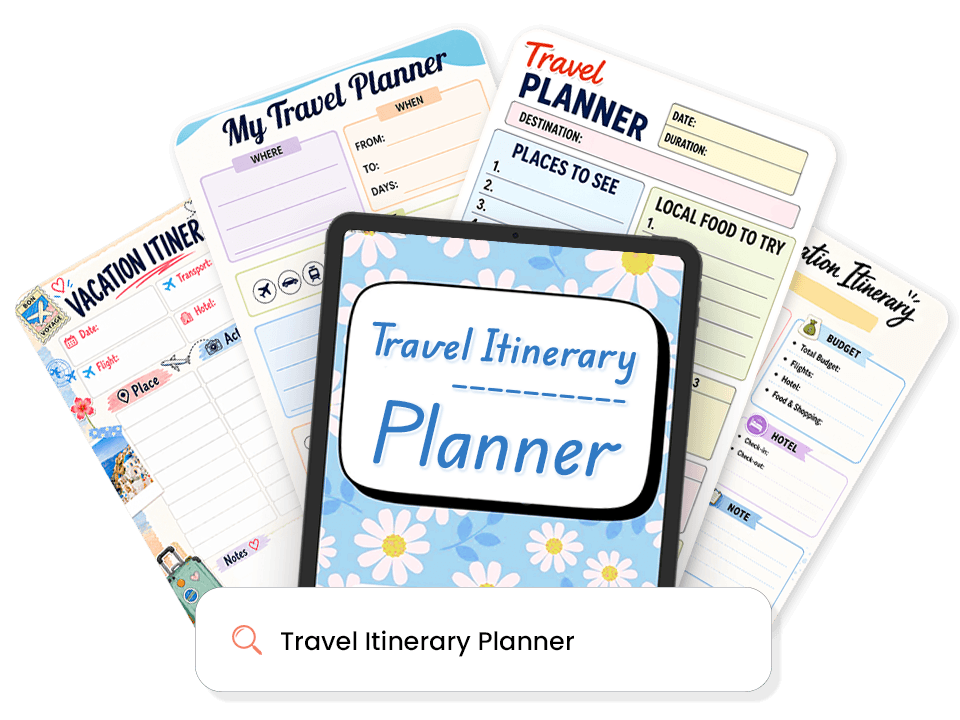 Travel itinerary planner template library showing vacation, budget, and destination-based layouts