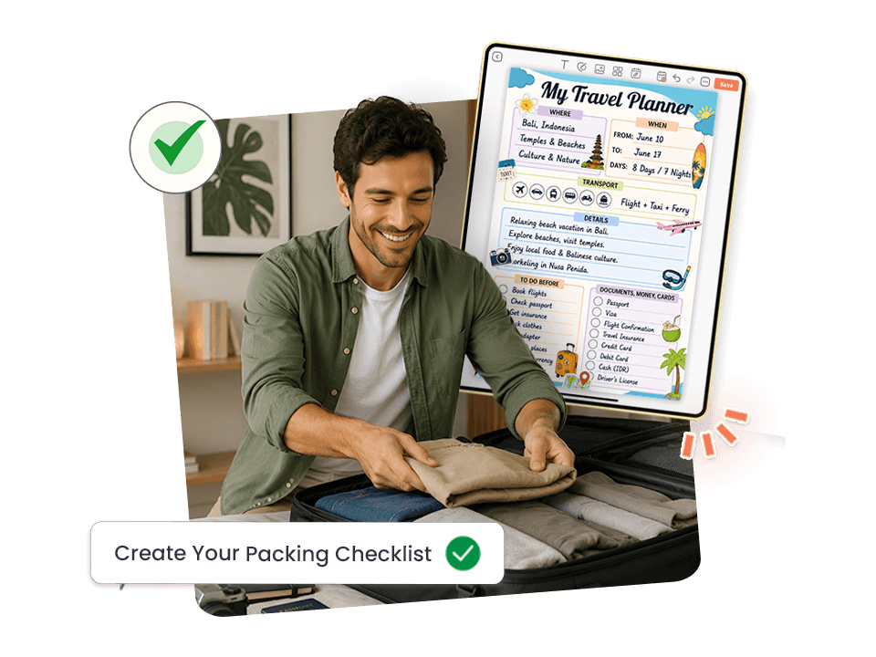 Man packing luggage with Bali travel planner open on tablet showing packing and document checklist