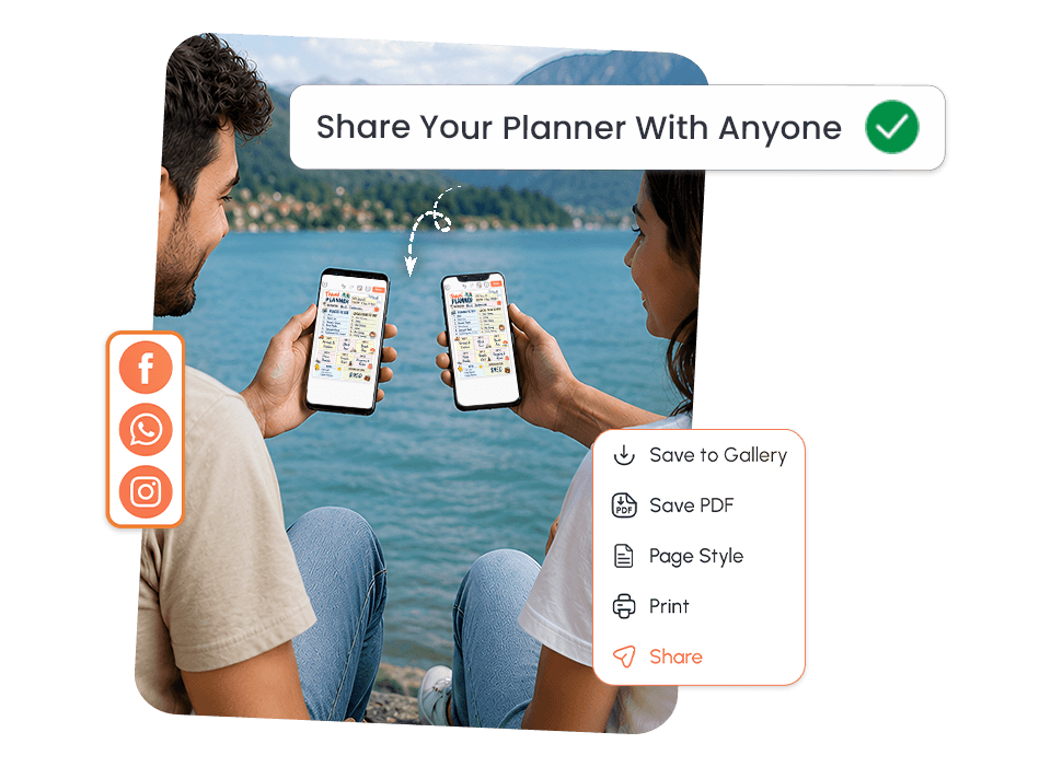 Couple sharing travel planner between phones near a lake with save and share options visible