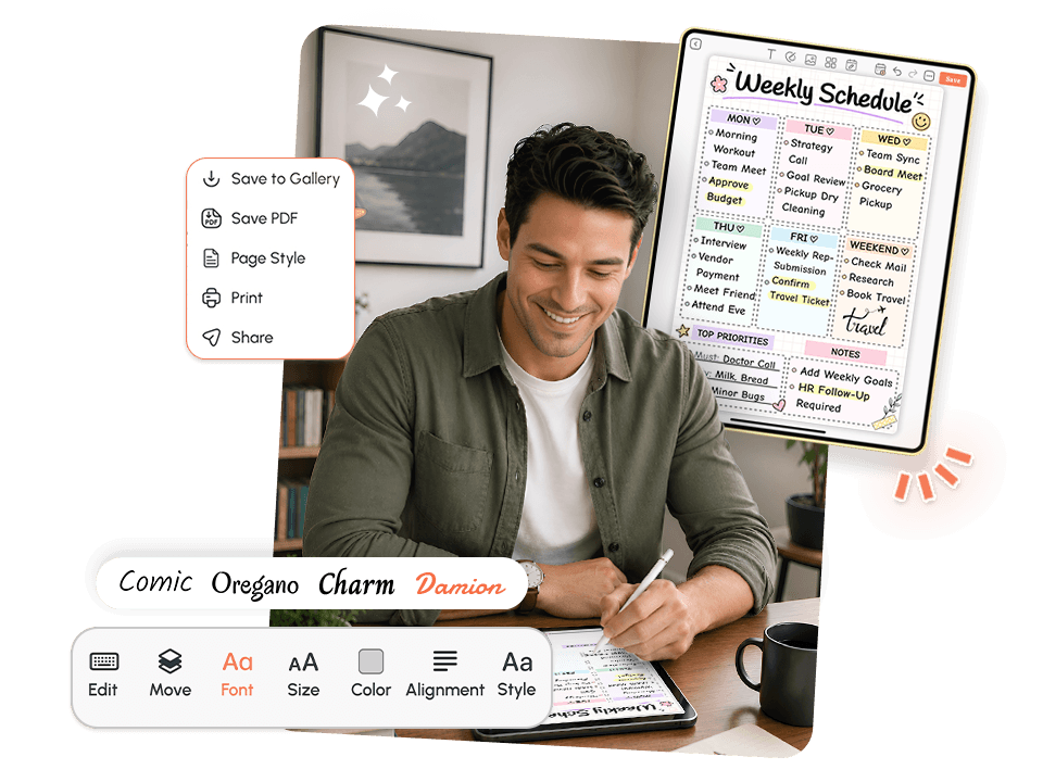 Man using weekly schedule maker with font, save, and share options visible
