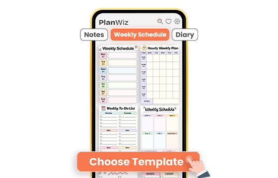 PlanWiz app screen showing weekly schedule templates with Choose Template button